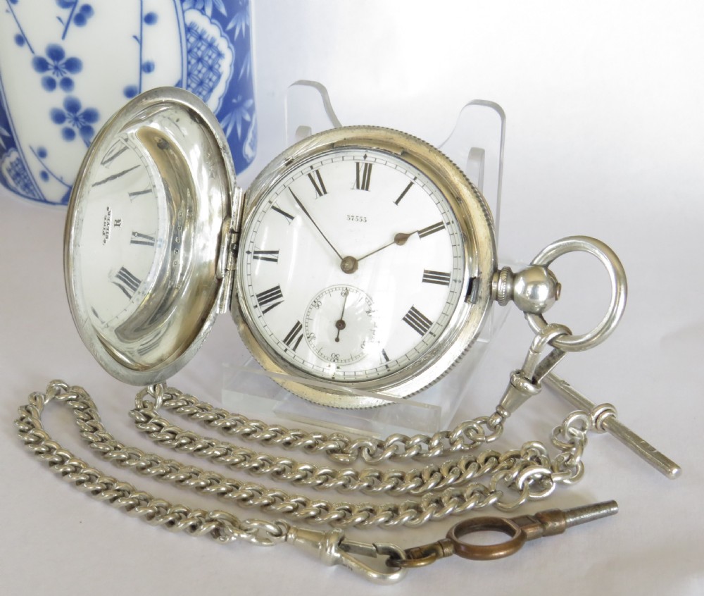 Antique silver Dyer full hunter pocket watch with chain