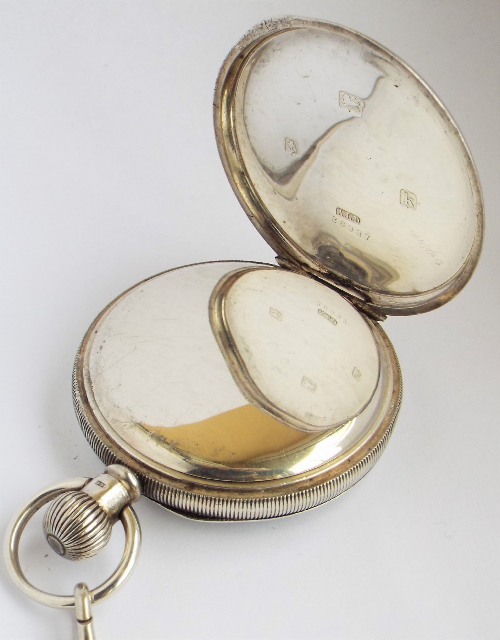 Antique 1909 silver Cyma pocket watch & chain. View III