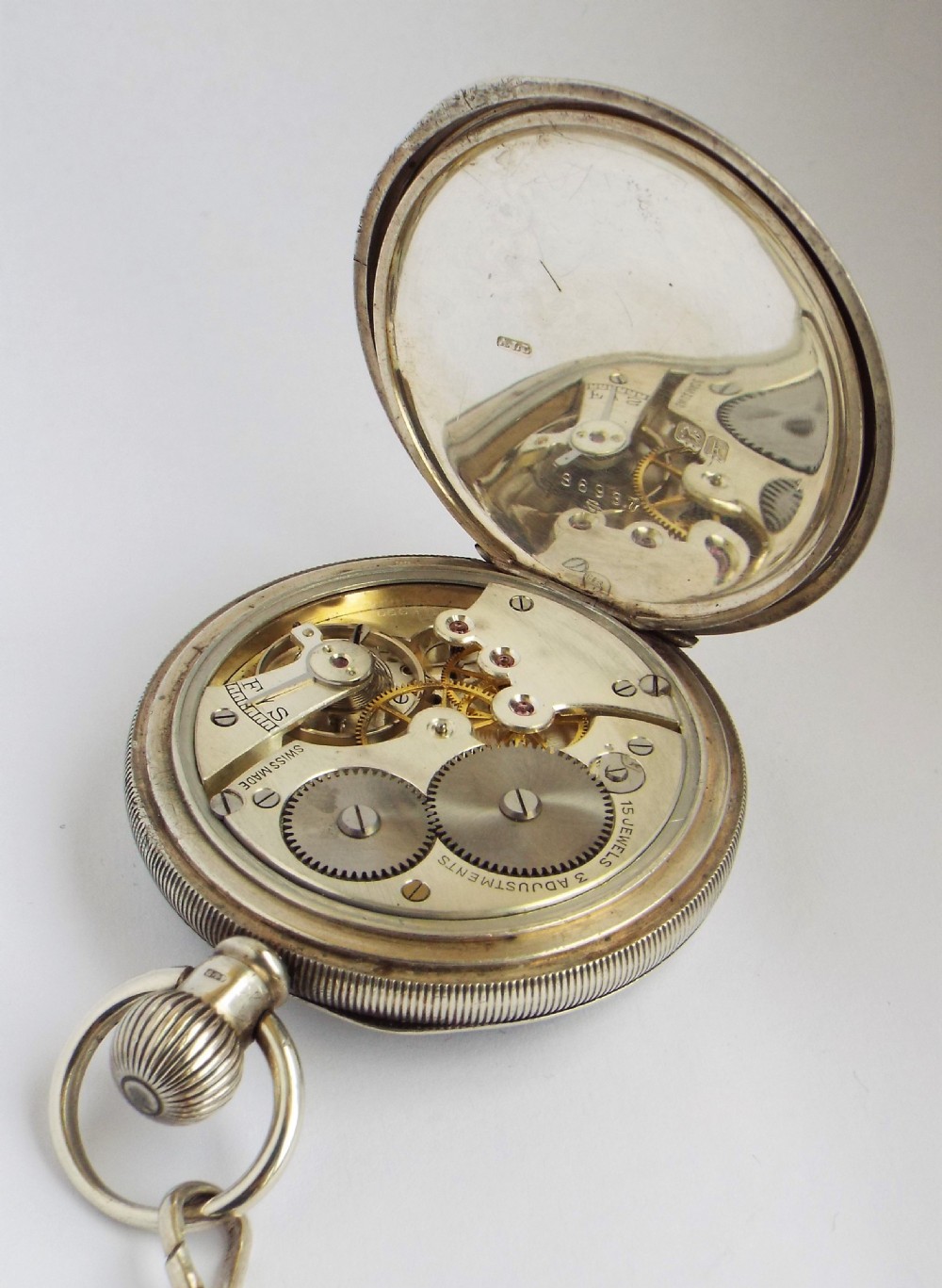 Antique 1909 silver Cyma pocket watch & chain. View IV
