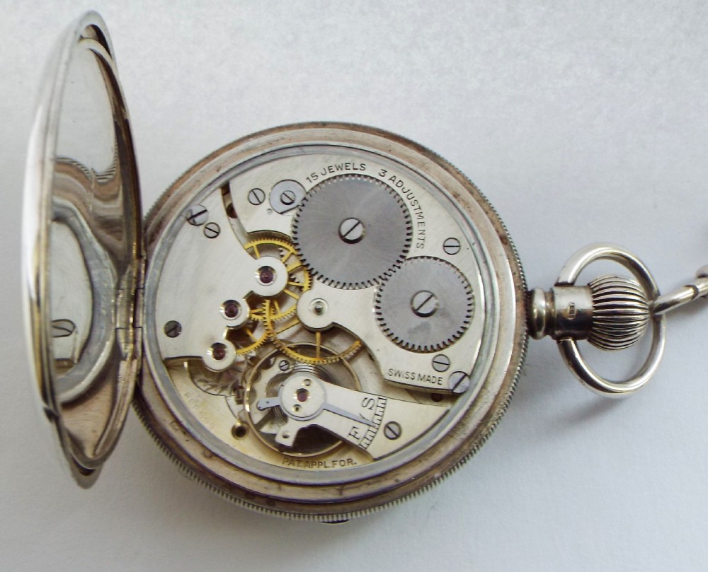 Antique 1909 silver Cyma pocket watch & chain. View V