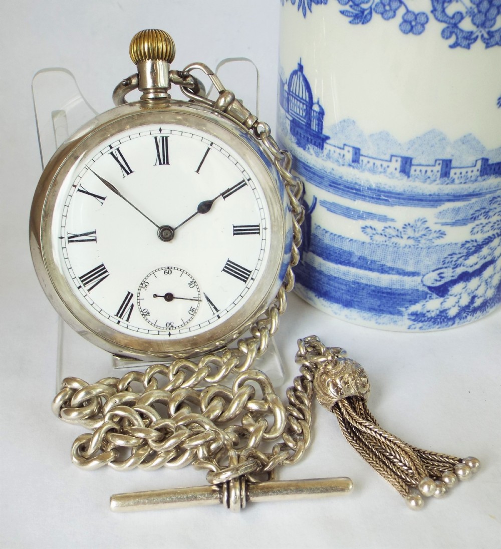 Antique silver Omega pocket watch & chain, c1910s.