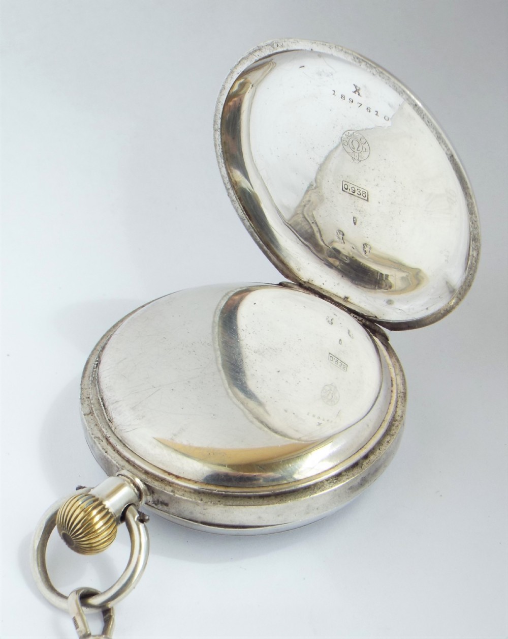 Antique silver Omega pocket watch & chain, c1910s. View III