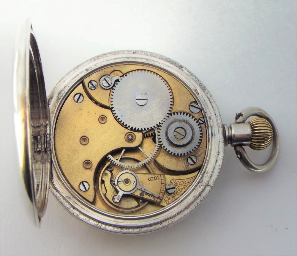 Antique silver Omega pocket watch & chain, c1910s. View V