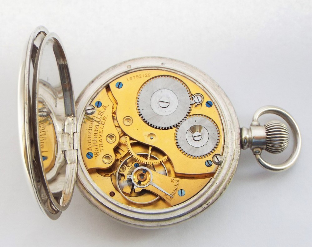 Antique silver Waltham Traveler pocket watch, 1919. View V