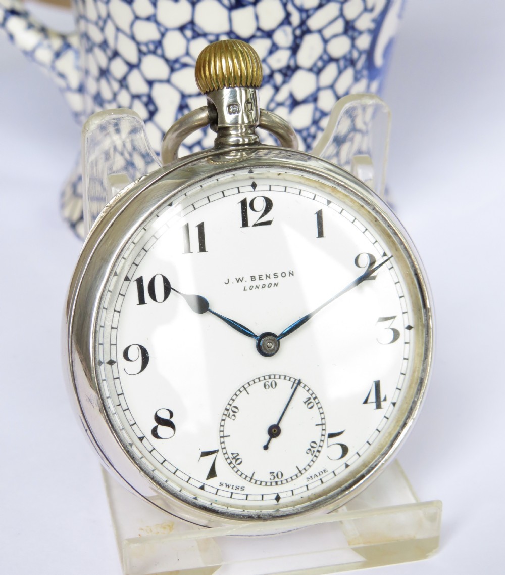 A 1932 silver Tavannes Cyma pocket watch for J W Benson. View II
