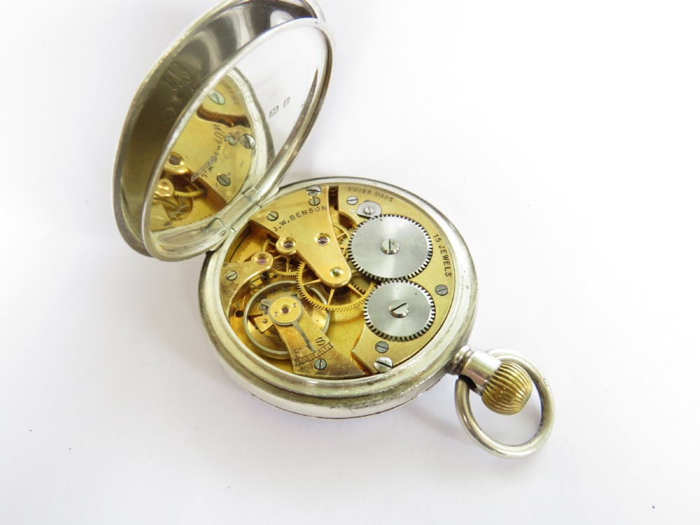 A 1932 silver Tavannes Cyma pocket watch for J W Benson. View IV