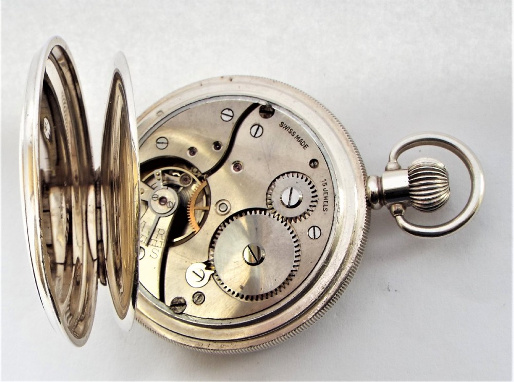 Antique 1918 Silver Swiss full hunter pocket watch. View VI