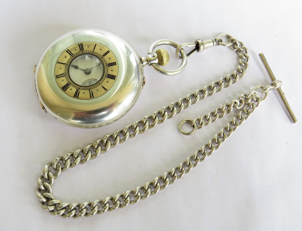 Antique silver half hunter pocket watch and chain