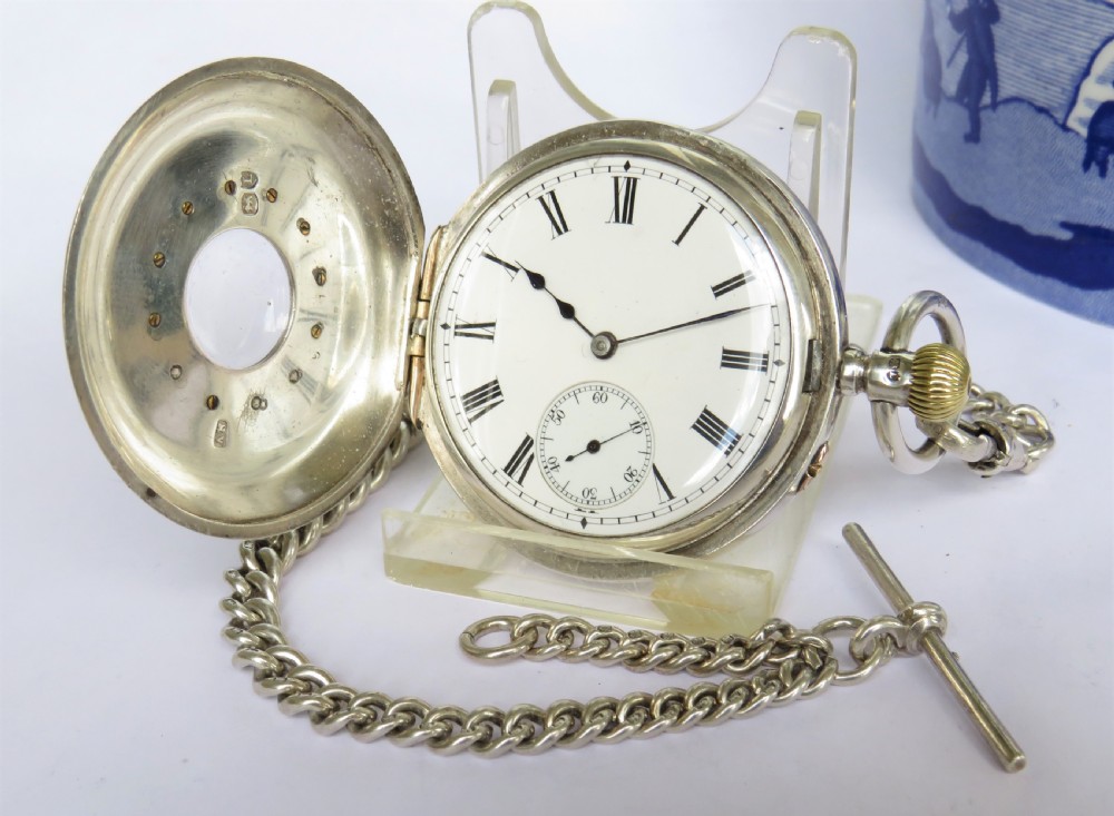 Antique silver half hunter pocket watch and chain View II