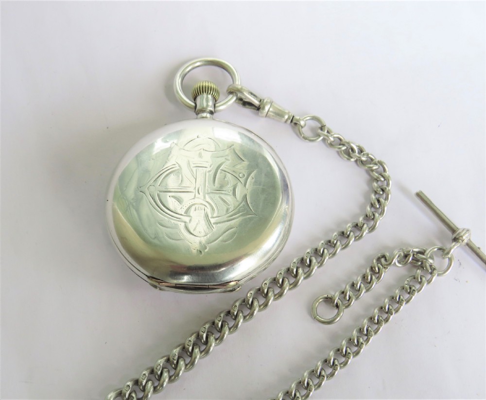 Antique silver half hunter pocket watch and chain View III
