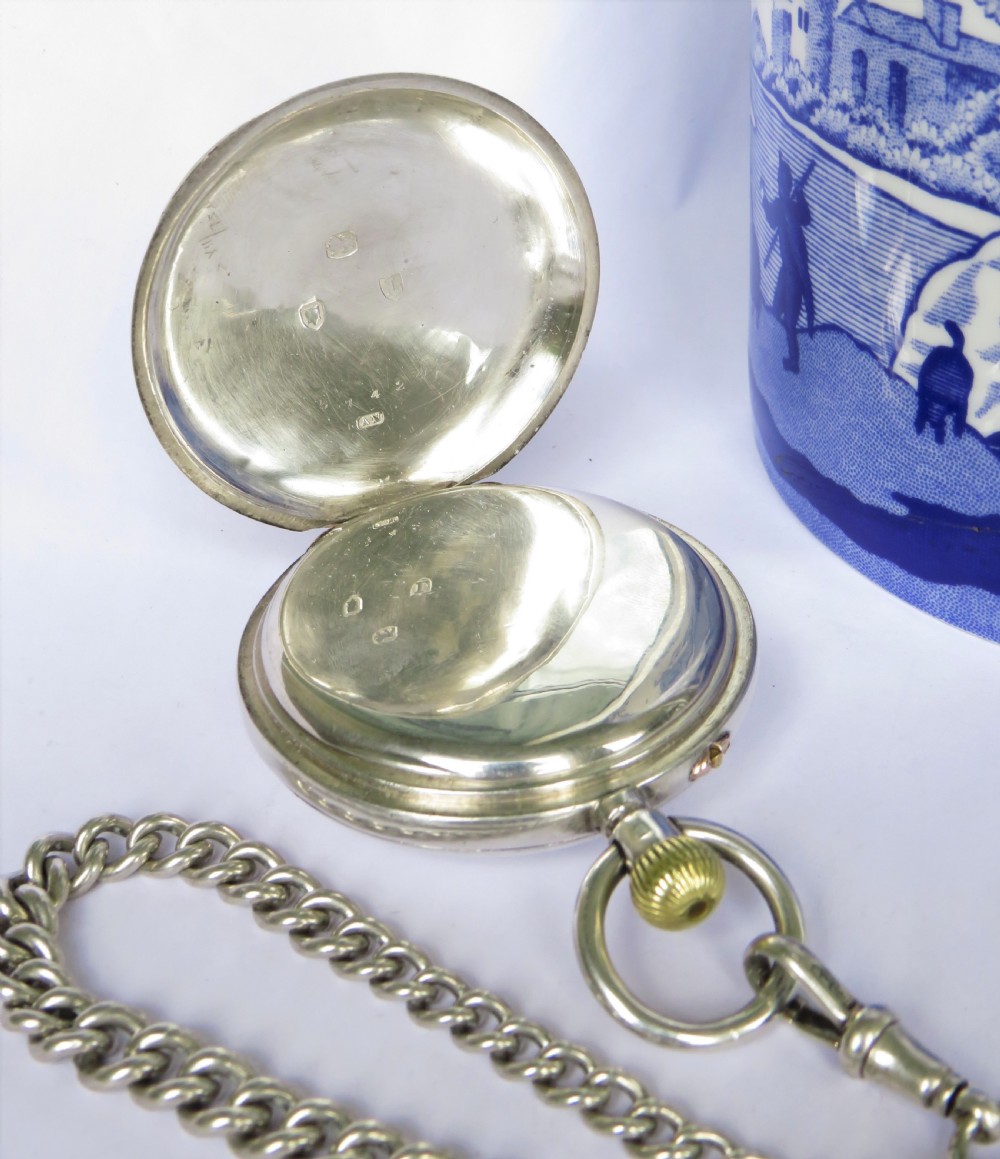 Antique silver half hunter pocket watch and chain View V