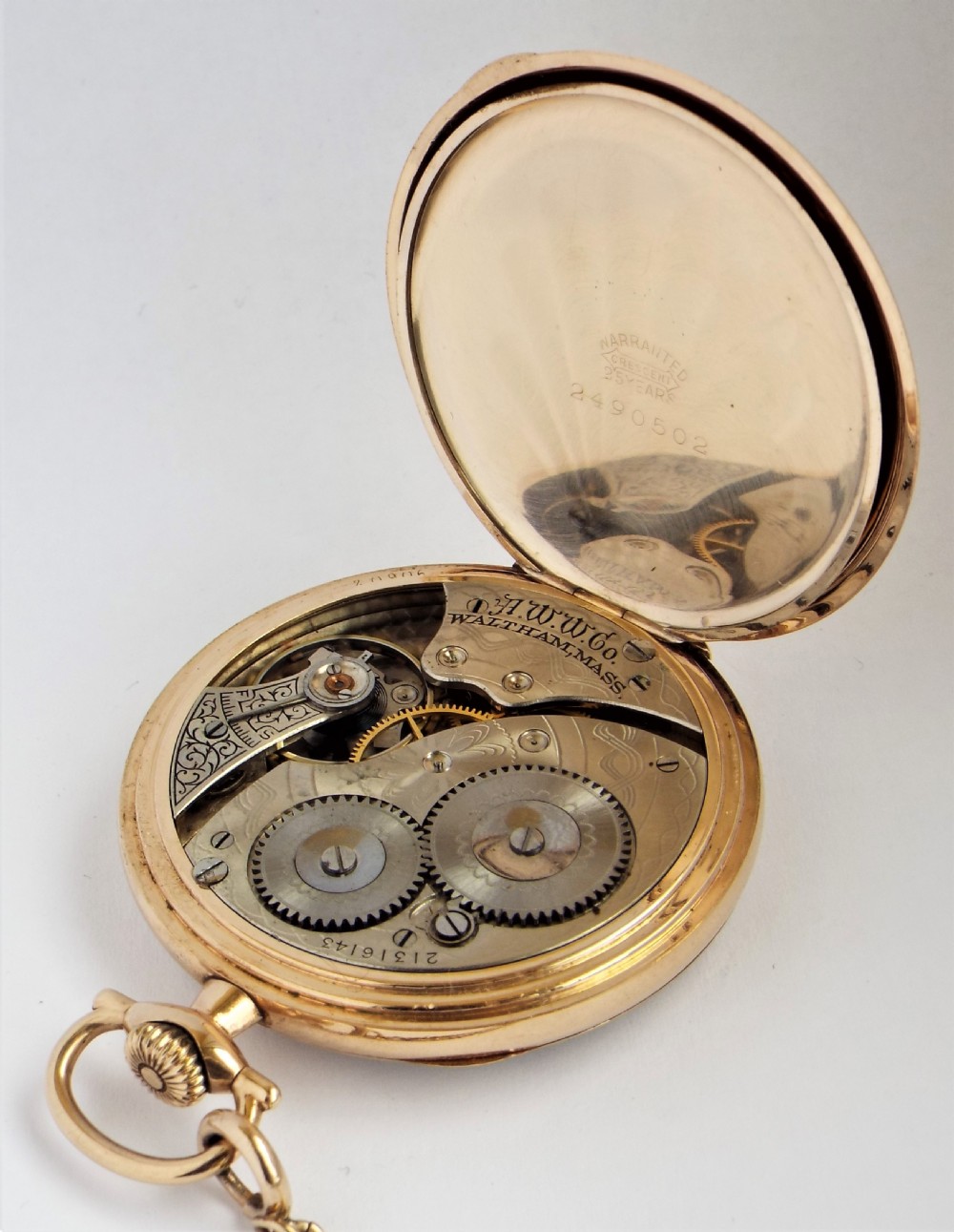Antique 1917 Waltham pocket watch with chain. View V