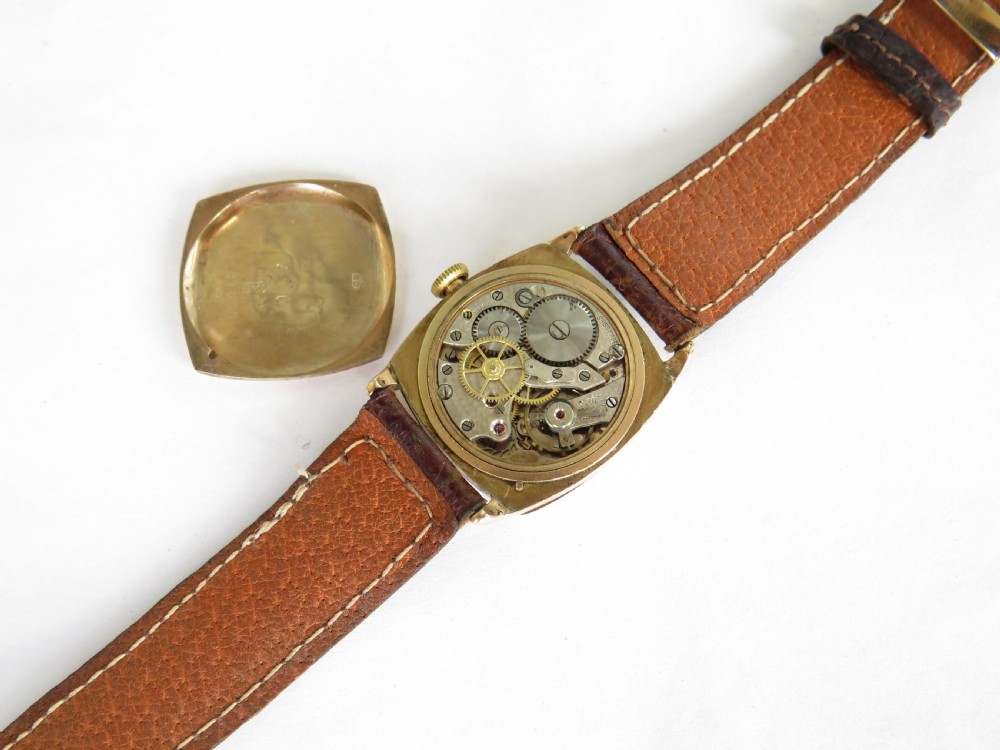 Mid-size 9ct gold cushion cased wrist watch, 1931 View V