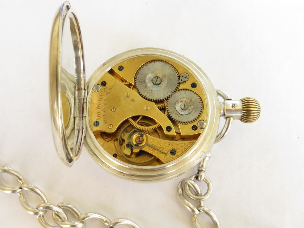 Antique silver Waltham pocket watch and chain View V