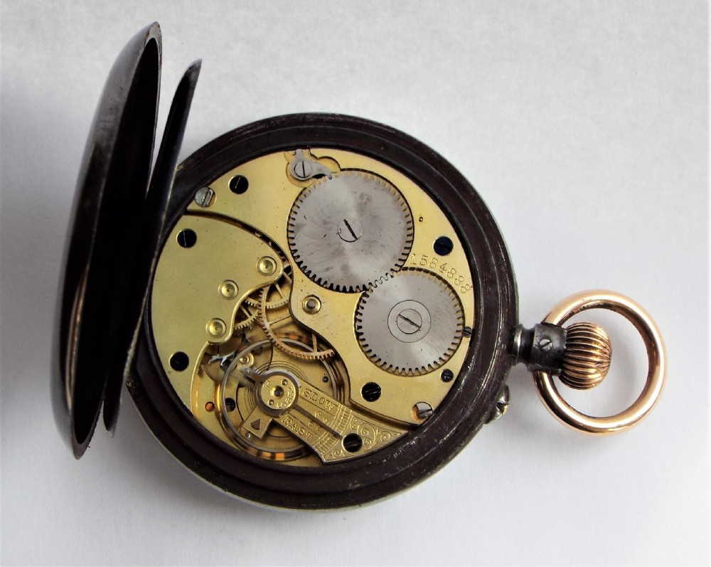 Antique Longines gun metal pocket watch retailed by Jays London. View V