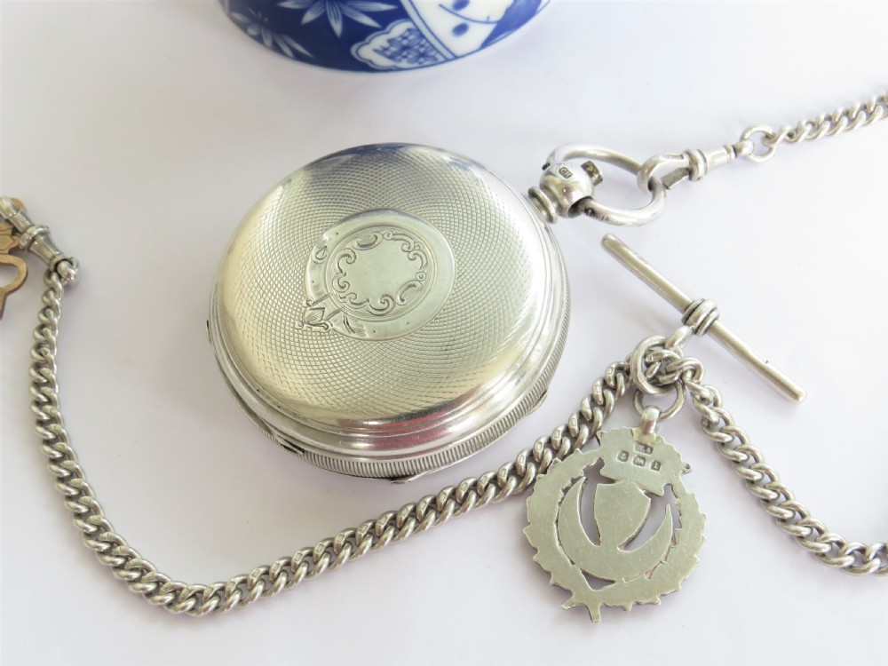 Antique English silver pocket watch & chain, retailed by T A Henn Wolverhampton View II