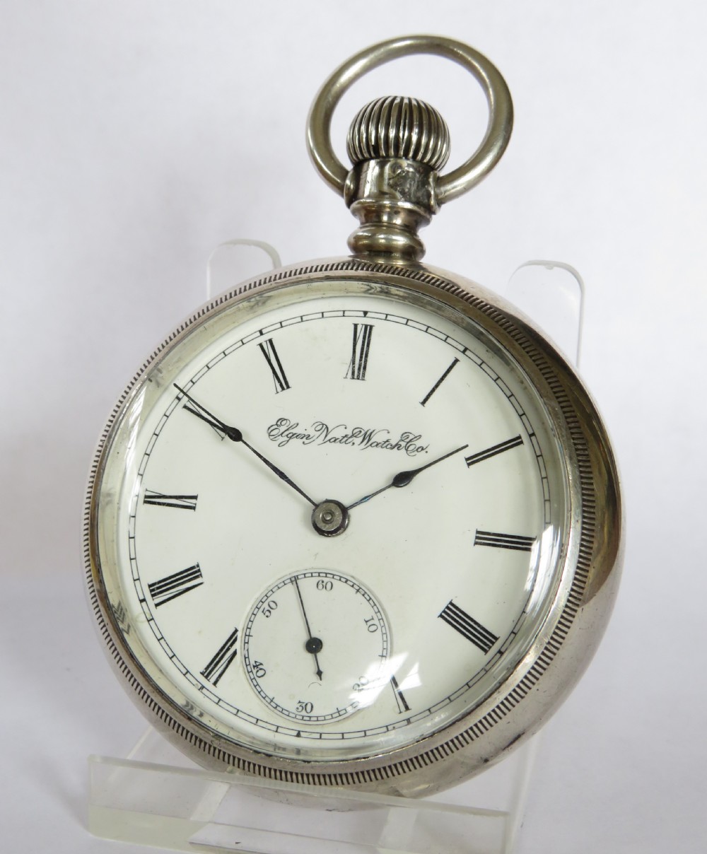 Antique silver Elgin steam locomotive pocket watch. View II