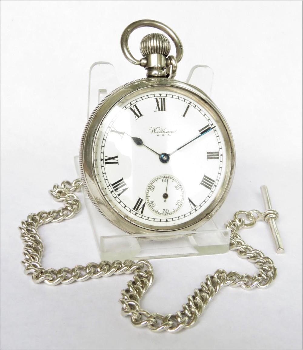 Antique silver Waltham Bartlett pocket watch and chain View II