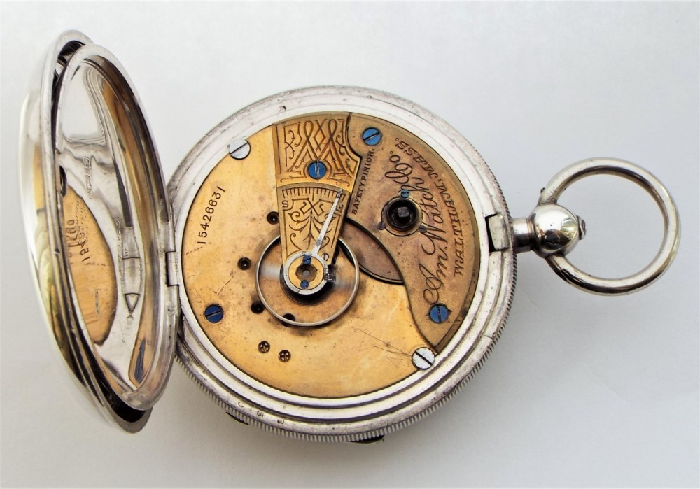 Antique 1909 silver Waltham pocket watch. View V