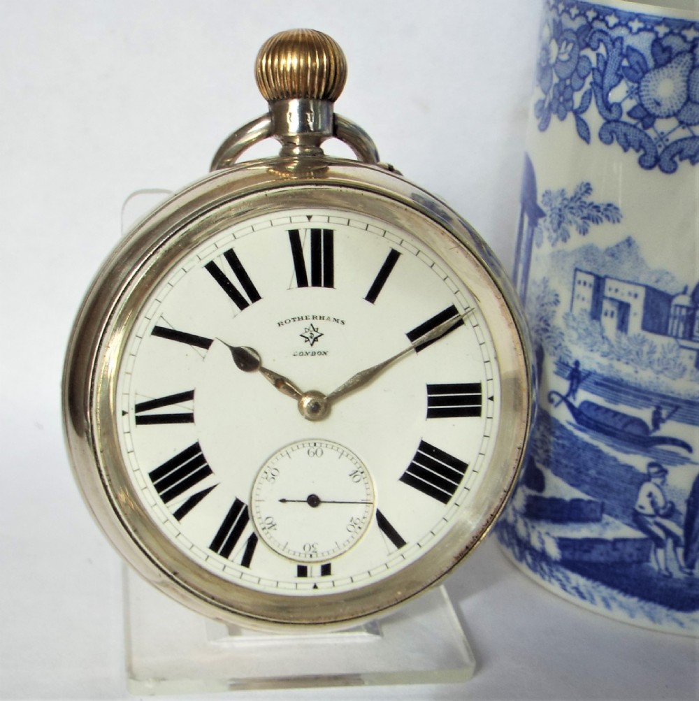 Large antique silver Rotherhams pocket watch, 1914.