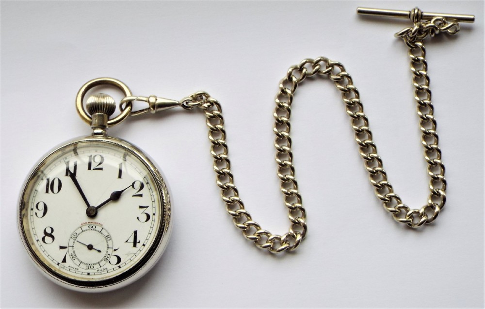1930s Frenca Swiss pocket watch and chain. View V