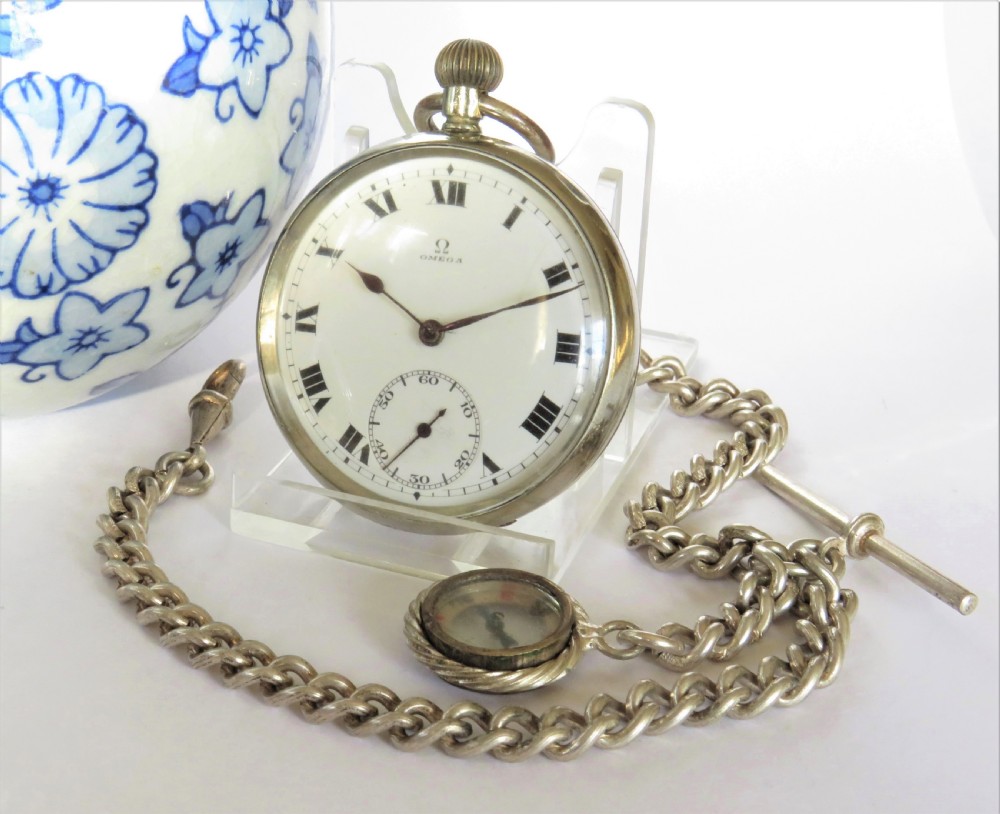 1930s Omega pocket watch, chain and compass fob