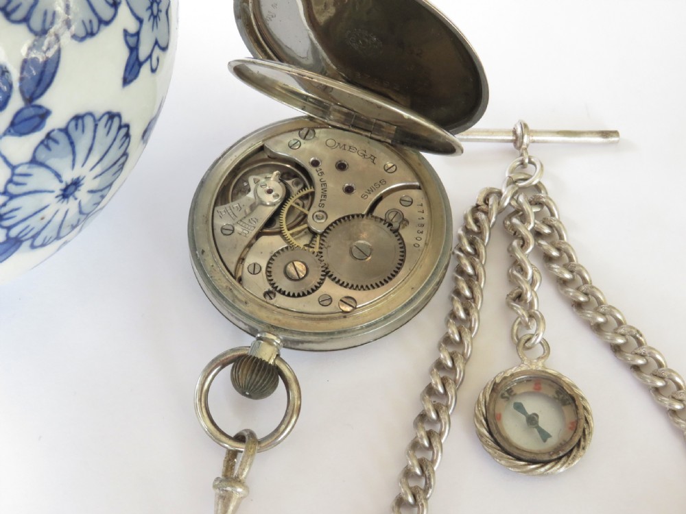 1930s Omega pocket watch, chain and compass fob View II