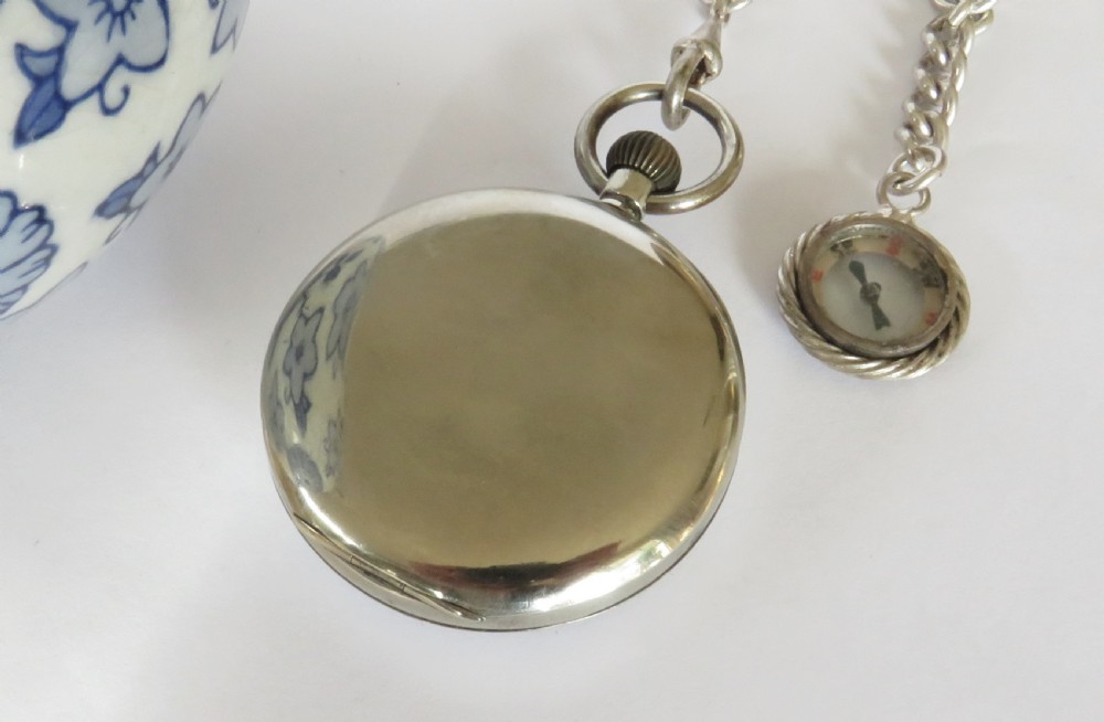1930s Omega pocket watch, chain and compass fob View IV