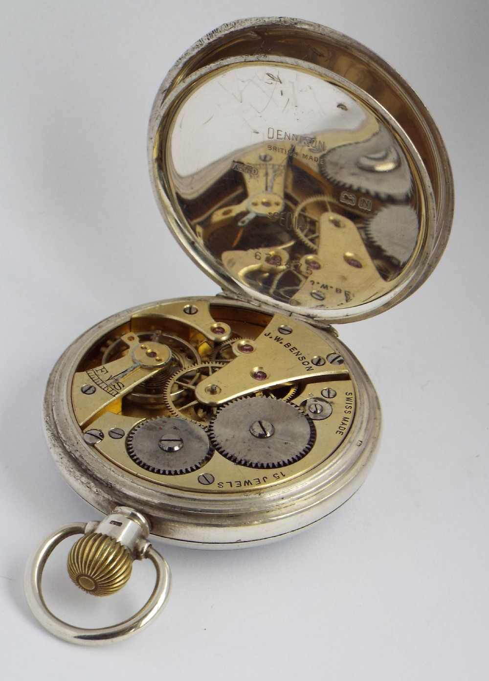 Silver Cyma pocket watch for J W Benson. View IV