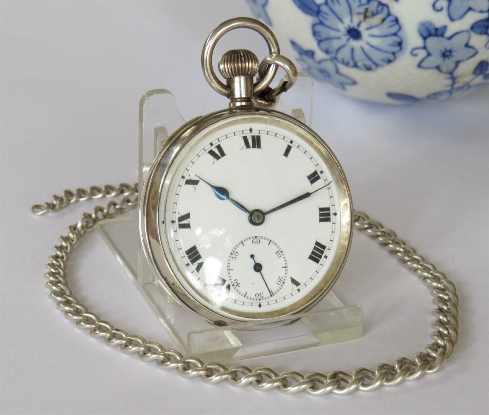 1929 Swiss silver pocket watch and chain View II