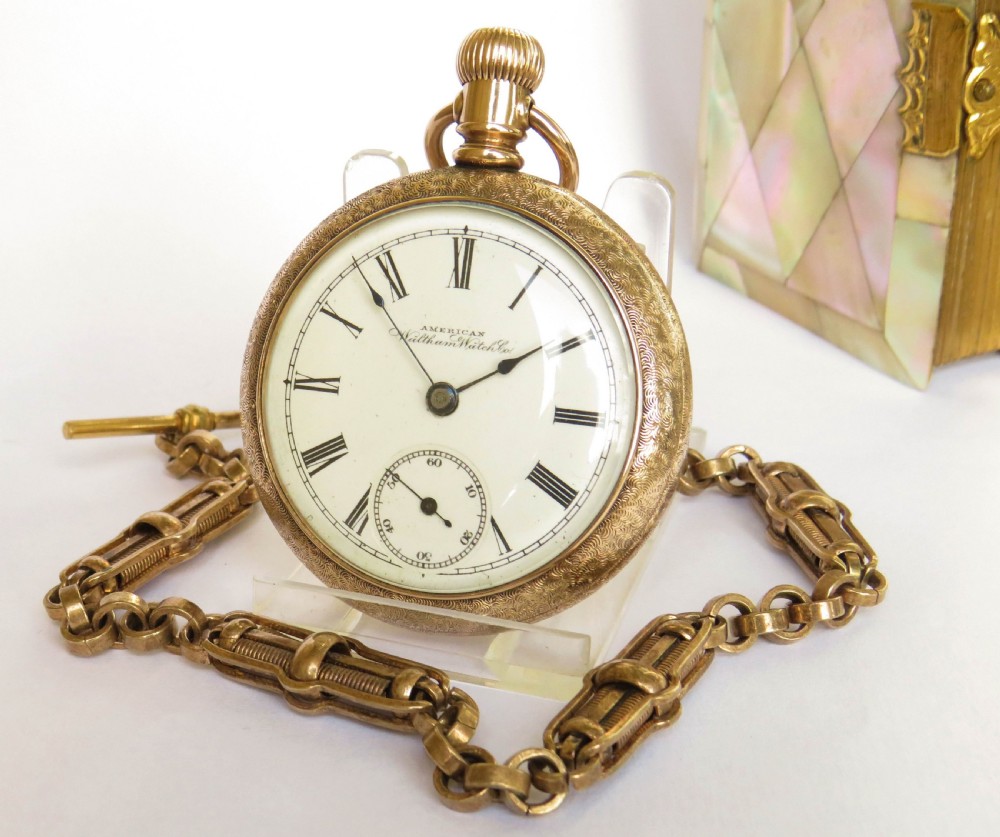 Large ornate Waltham pocket watch & chain. 1890s