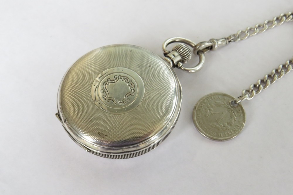 Antique 1925 silver Record pocket watch and chain View IV