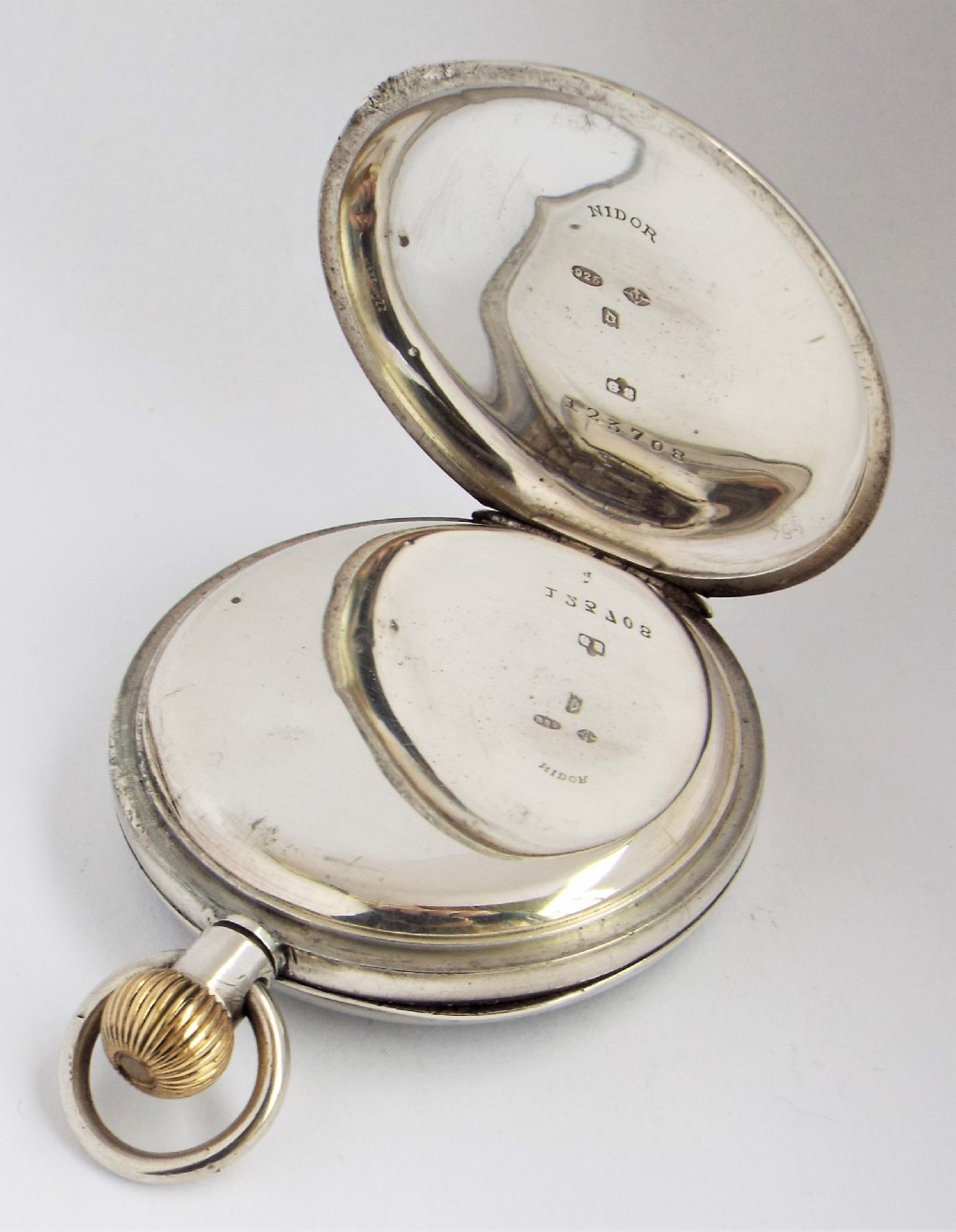 Antique 1919 Nidor silver pocket watch. View III