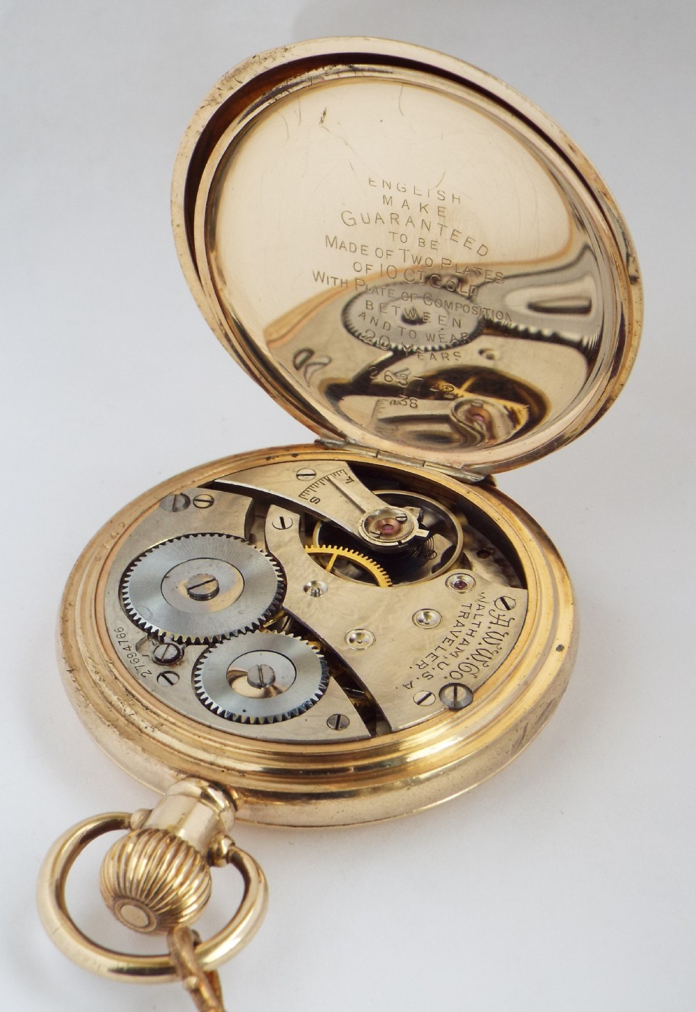 1930s Waltham full hunter pocket watch & chain. View V