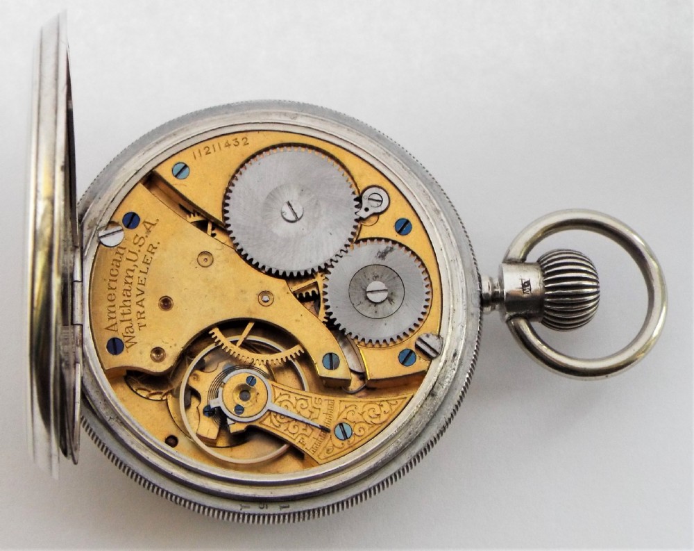 Antique silver Waltham Traveler pocket watch. View V