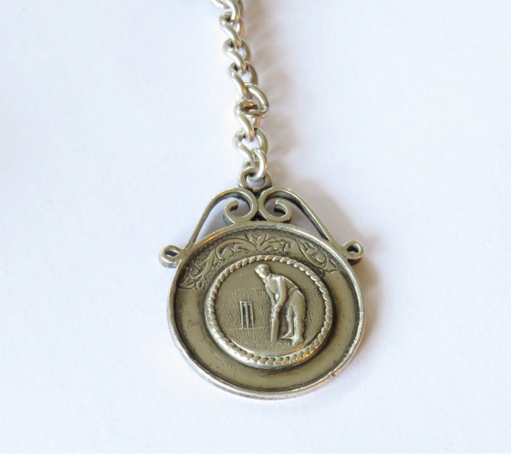 Antique silver pocket watch, chain & cricket fob View V