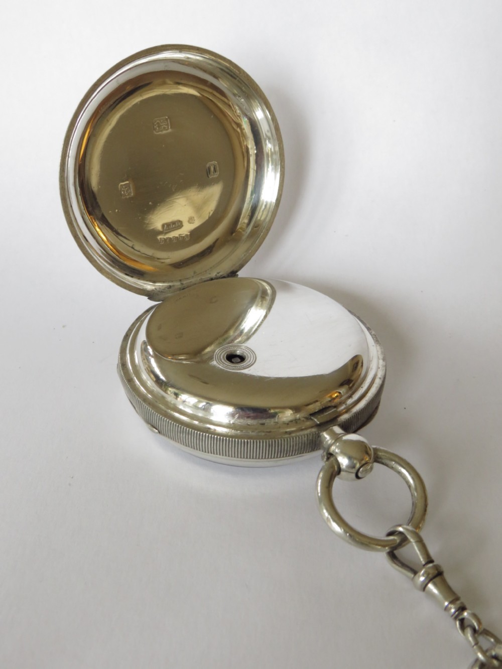Large antique English silver pocket watch and albert. View II