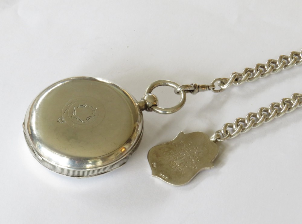 Large antique English silver pocket watch and albert. View IV