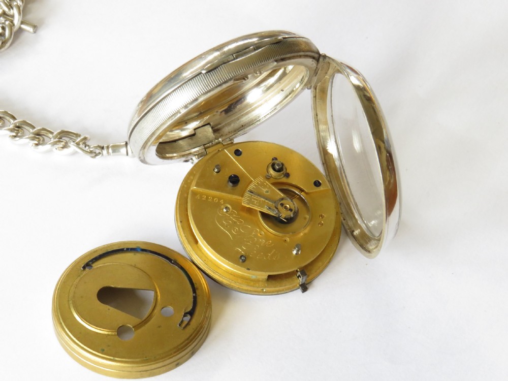 Large antique English silver pocket watch and albert. View V