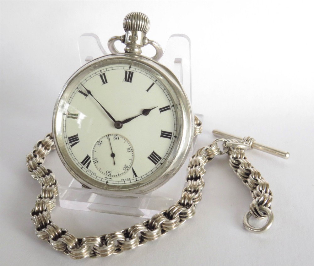 Antique silver Minerva pocket watch and chain
