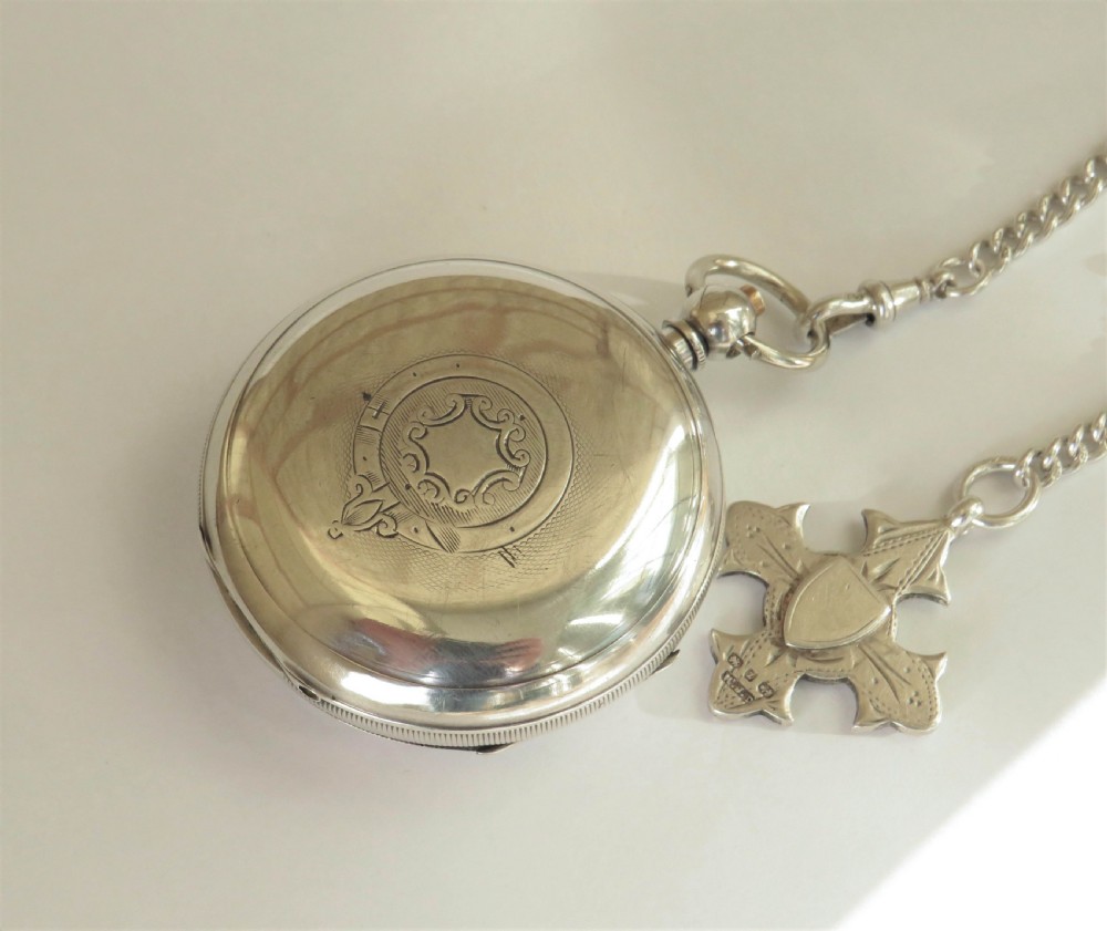 Large antique silver pocket watch, William Ehrhardt, with albert. View II