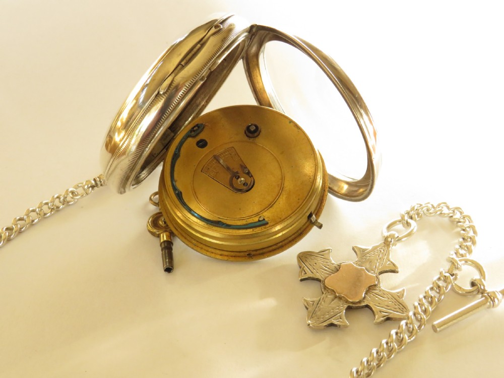 Large antique silver pocket watch, William Ehrhardt, with albert. View IV