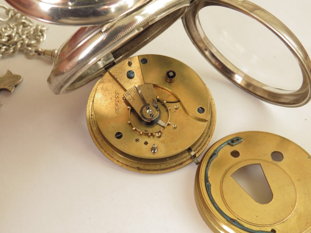 Large antique silver pocket watch, William Ehrhardt, with albert. View V