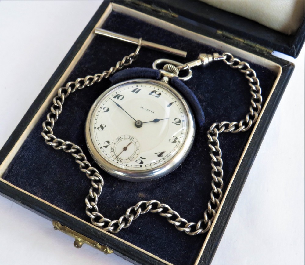 Antique Juvenia silver pocket watch and chain View II