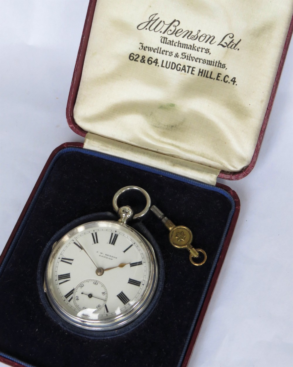 Antique J W Benson silver fusee pocket watch View II