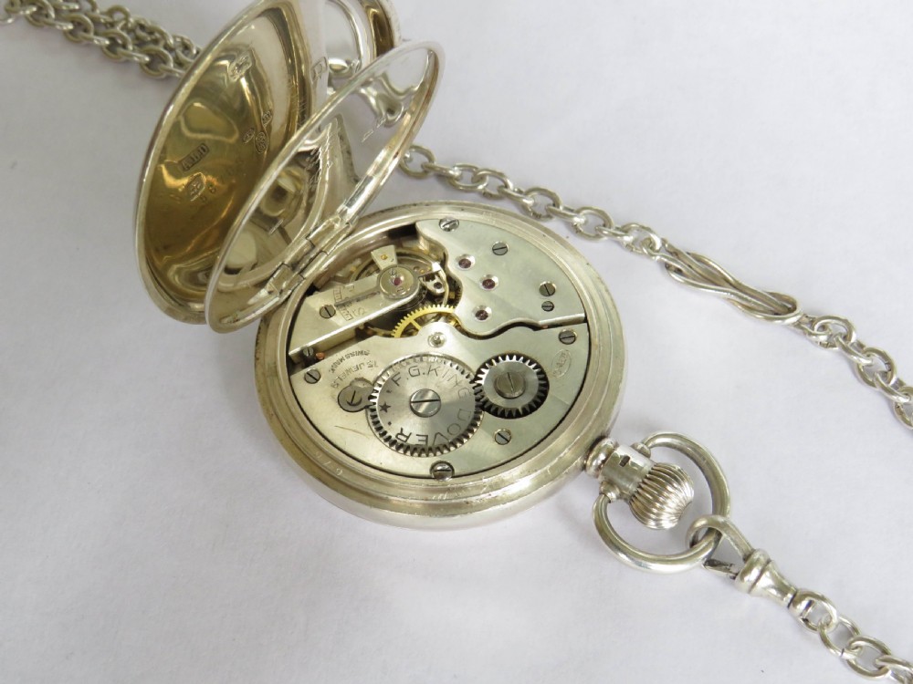 Antique silver full hunter pocket watch and chain View II