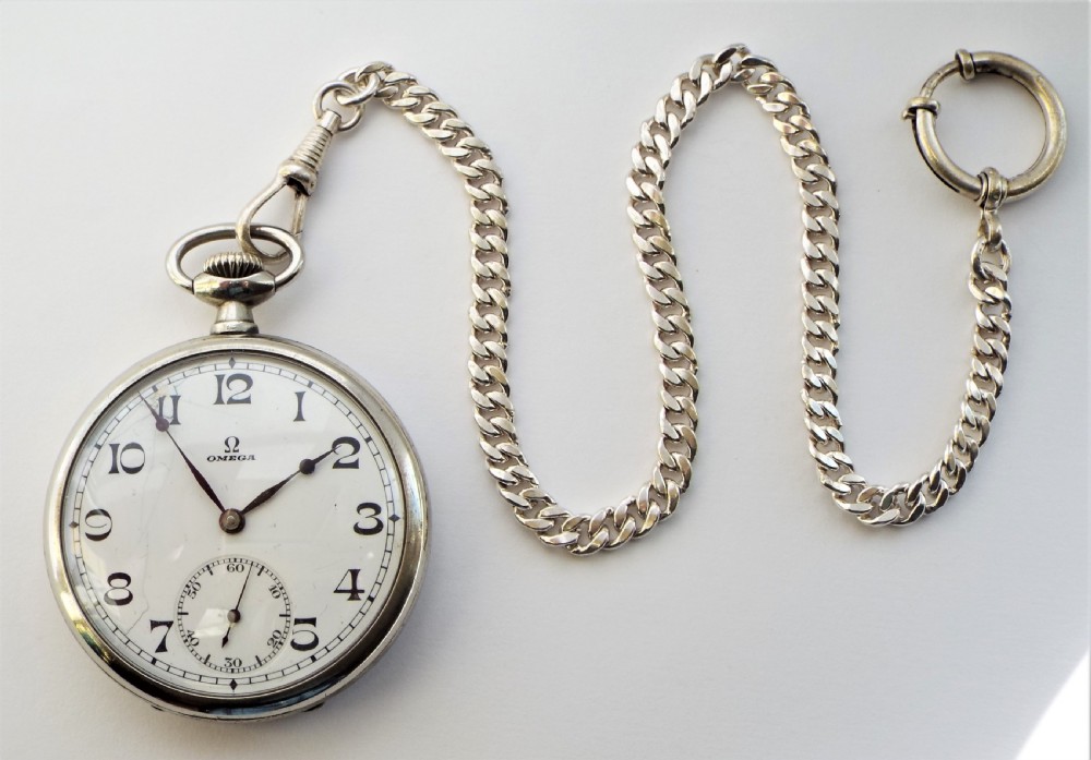 1920s Omega pocket watch and chain. View II