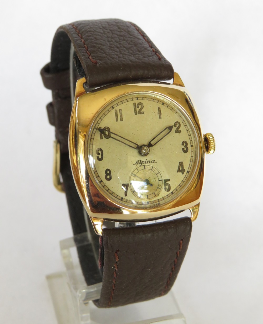 9ct gold cushion cased Alpina wrist watch, 1945 View II