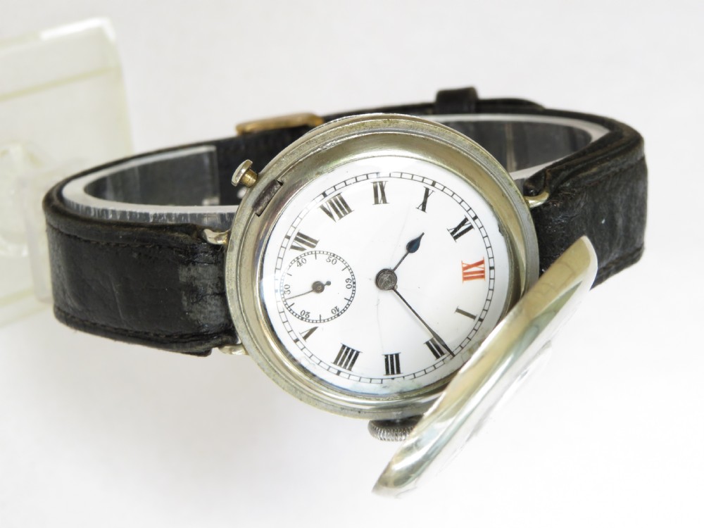 Gents antique silver half hunter trench watch View III