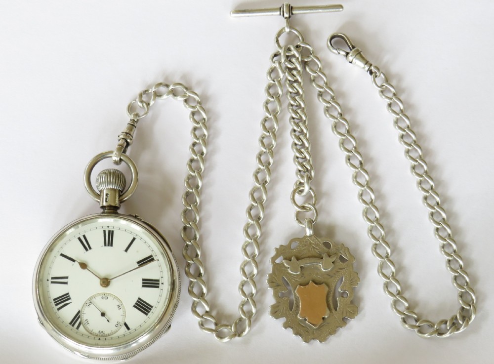 Antique silver Ehrhardt pocket watch & albert View II